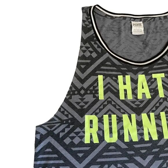 Victorias Secret Pink I Hate Running Graphic Tank Black Grey Aztec Green L #1231 - Picture 4 of 11